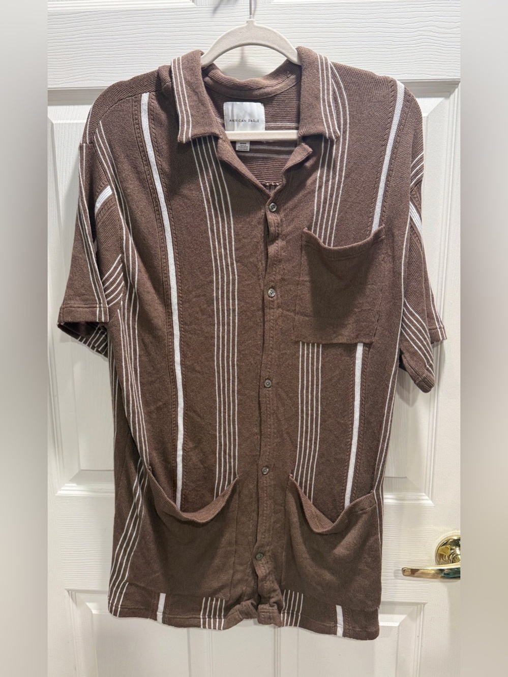 American Eagle Guayabera Sweater Brown Striped Button Front Pockets M Sample - Picture 2 of 8